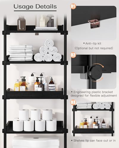 ALLZONE Adjustable Over The Toilet Storage Cabinet,Tension Mount Bathroom Organizers and Storage Over Toilet with 4 Adjustable Shelves,Over Toilet Bathroom Organizer Fit 92-116 Inch Tall,Black