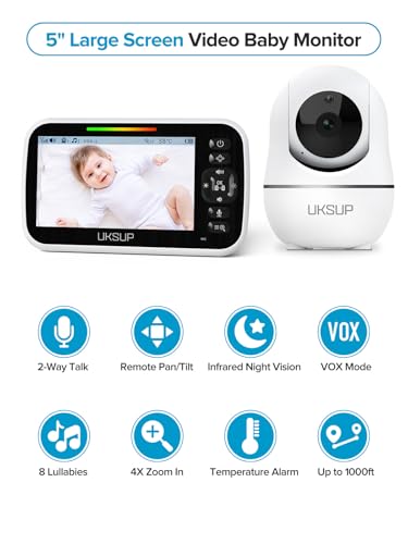 UKSUP Baby Monitor with Camera and Audio- Video Baby Monitor with 960ft Long Range, Remote Pan-Tilt-Zoom, Night Vision, Temperature Sensor, 2-Way Talk, 8 Lullabies, 30-Hour Battery & No WiFi