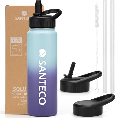 SANTECO Water Bottle 24 oz, Vacuum Insulated Stainless Steel Bottle with Straw Handle Lid, Leakproof Bottles, Wide Mouth Easy Clean, Keep Drinks Hot & Cold for Gym, Camping, Hiking, Blue Purple