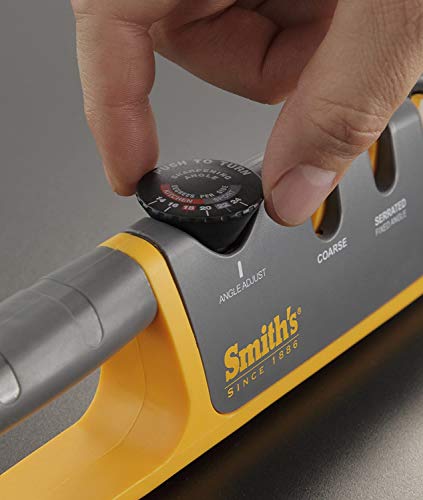 Smith's Adjustable Angle 2-Stage Knife Sharpener - Grey/Yellow, Restores Blades for Hunting, Pocket & Serrated Knives