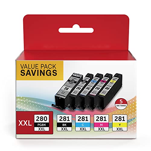 PGI-280 XXL/CLI-281 XXL Ink Cartridge 5 Color Value Pack Replacement for Canon 280 281 Ink Cartridges Compatible with Printer PIXMA TR8520 TR8620 TR7520 TR8600 TS6120 TS6220 TS9120