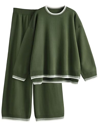 Tanming Women's Sweater Sets 2 Piece Outfits Knitted Pullover Jumper and Wide Leg Pants Tracksuit(ArmyGreen-XS)