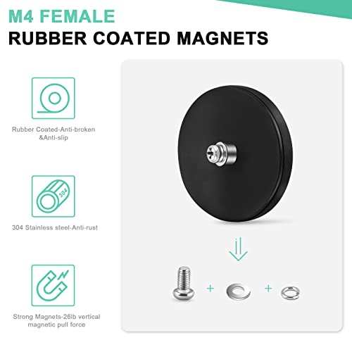 Learay 6 Pack Rubber Coated Magnets, 31 LBS Neodymium Magnet Base with M6 Threaded Studs, Strong Mounting Stud Magnet Black Rare Earth Magnets for Light Bar Mirror Camera Tool