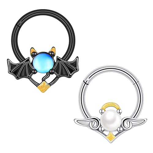 YOFANST 16G 2pcs Stainless Steel Angel Evil Septum Clicker Opal CZ Helix Daith Earrings Hoop 8mm