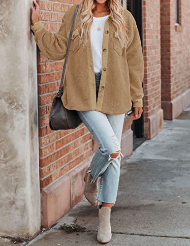 ZESICA Womens Winter Casual Sherpa Fleece Jacket Long Sleeve Button Solid Warm Fuzzy Outwear Coat Pockets,Wine,Large