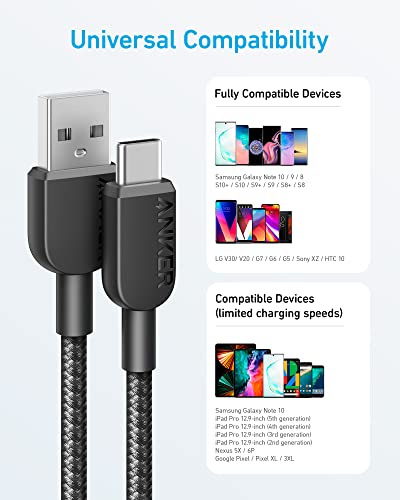 Anker Cable [2 Pack 6ft], USB A to Type C Charger Cord, Braided USB to USB C Cable for Samsung Galaxy Note 10/S10+ S10, LG V30 (USB 2.0, Black)