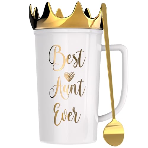 PeraBella Best Aunt Ever Coffee Mug, 19 oz, Ceramic, White and Gold, with Queen's Crown Lid and Long Brass Spoon