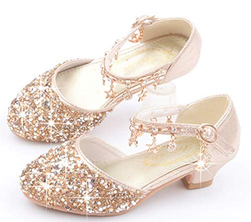 LFHT Little Kids Girls Dress Pumps Glitter Sequins Princess Low Heels Mary Jane Party Dance Shoes Rhinestone Sandals (8 M US Toddler, Golden)