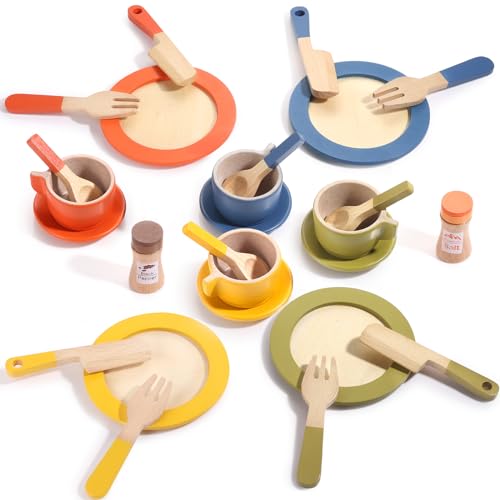 GAGAKU Wooden Play Food Sets for Kids Kitchen,Montessori Wooden Play Food Toys Play Plates and Dishes for Kids Wooden Play Kitchen Accessories Play Dishes for Toddler Boys Girls Gifts