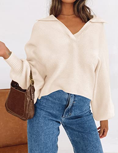 ZESICA Women's 2024 Fall Lapel Collar V Neck Long Sleeve Ribbed Knit Comfy Loose Casual Pullover Sweater Jumper Top,Purple,Small