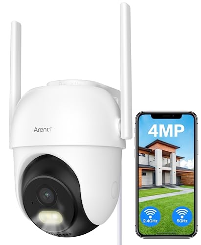 ARENTI 5g WiFi Outdoor Security Camera, 4MP Home Surveillance WiFi Camera, Plug-in，Pan/Tilt, 2.4G/5GHz Dual Bands, Color Night Vision Sound/Light Alarm AI Human Filtering Auto Tracking Two-Way Talk