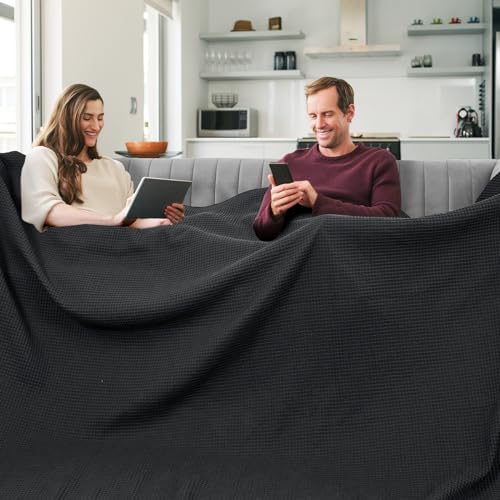 PHF 100% Cotton Waffle Weave Black Throw Blanket 50" x 60"-Lightweight Washed Soft Breathable Blanket for Adults and Kids-Perfect Blanket Layer for Couch Bed Sofa-Elegant Home Decoration