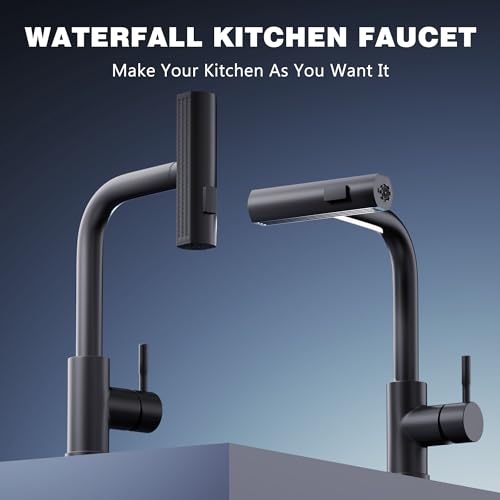 GIMILI Waterfall Kitchen Faucet with Pull Down Sprayer Brushed Nickel Single Hole Handle Stainless Steel Kitchen Sink Faucets Commercial Modern Faucets for Pull Down Sprayer Kitchen Sinks