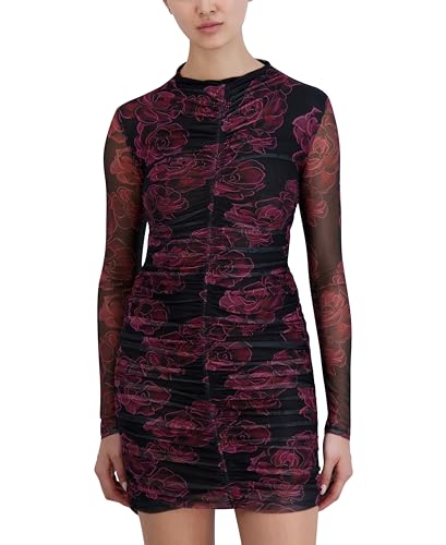 BCBGeneration Women's Long Sleeve Mock Neck Mesh Mini Day Dress, Diffused Floral