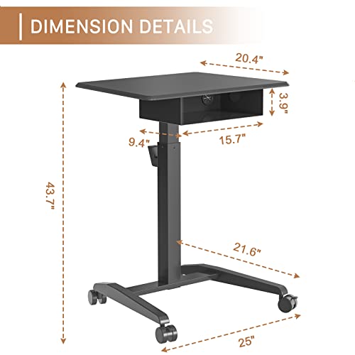 JOY worker Height Adjustable Rolling Laptop Desk with Shelf,Mobile Standing Desk,Pneumatic Mobile Laptop Table with Wheels for Couch Home Office School,Holds Up to 22lbs,Black