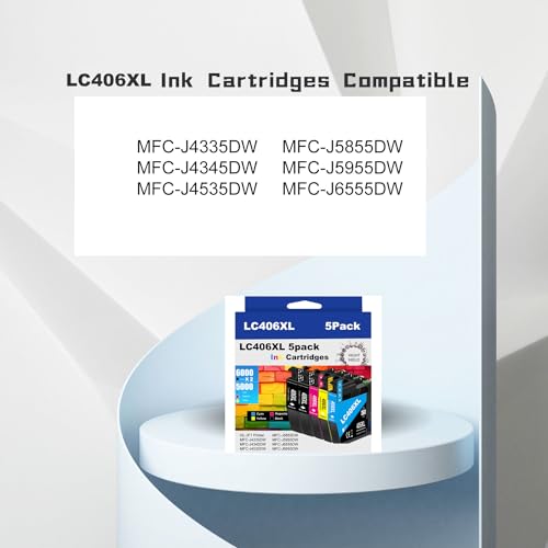 LC406XL Ink Cartridges Compatible for Brother LC406XL LC406 for Brother MFC-J4335DW MFC-J4535DW MFC-J4335DW MFC-J5855DW MFC-J6555DW MFC-J6955DW Printer 5 Pack(2 Black Cyan Magenta Yellow)