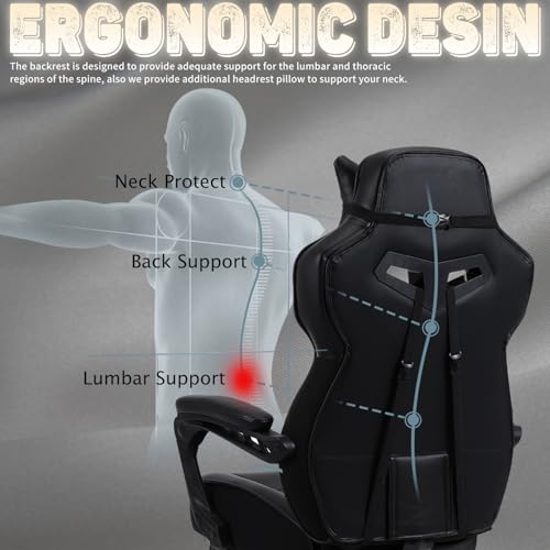 Gaming Chair for Adults,Computer Chair with High Back,Big and Tall Gaming Chairs with Footrest and Massage,Reclining Gamer Ergonomic Office Desk Chair(Black)