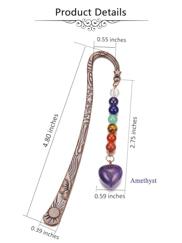 Jovivi Crystal Heart Bookmark for Women Antique Copper Metal Bookmark Natural 7 Chakra Beads Amethyst Healing Stone Vintage Bookmarks for Student Office Birthday Gifts