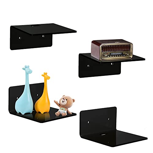Bolidery 4 Pack Small Acrylic Floating Shelves, 4'' Acrylic Wall Shelves Display Ledges for Storage & Decoration, Mini Shelves for Wall with 2 Types of Installation (Adhesive or Screw)