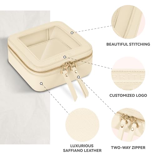 Prite Double Layer Makeup Bag for Women Portable Clear Makeup Bag Cute Waterproof Travel Cosmetic Bag with Gold Zipper for Car Essentials(Beige)