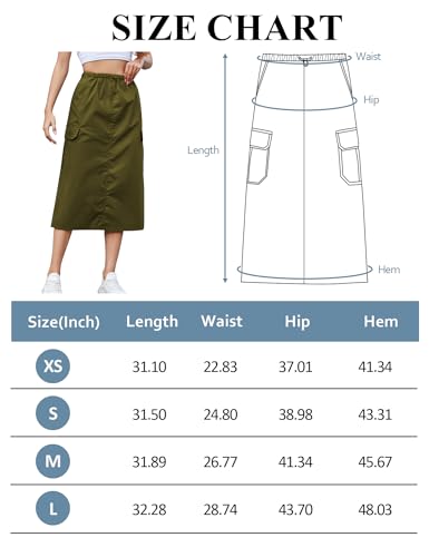 KTILG Skirt Women Midi Cargo Long Skirt Y2k Pockets Casual Light Trendy Fashion Petite Side Split Solid 2024 Low Waist Army Green