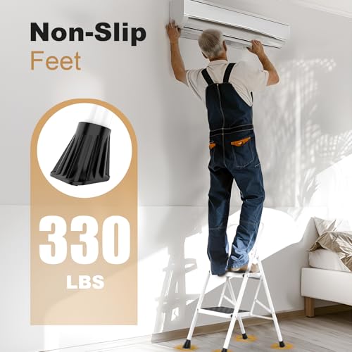 HBTower Step Ladder, 2 Step Stool for Adults,2 Step Ladder Folding Step Stool with Cushioned Handle,330 lbs Capacity,Step Ladder with Wide Anti-Slip Pedal Ergonomic Design,White