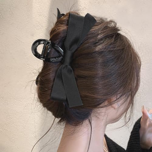 Satin Bow Claw Clip for Women Girls, Bow-knot Hair Claw Clip Stylish Strong Hold Hair Claw Barrette for Thick Thin Hair Casual Formal Wear (Black)