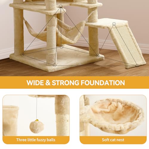 YITAHOME Tall Cat Tree for Indoor Cats, 75 inch Multi-Level Cat Tower with Cat Condos, Top Perches, Sisal Ramp Scratching Posts, Cozy Basket, Hammocks, Large Cat Pet Activity Structure,Beige