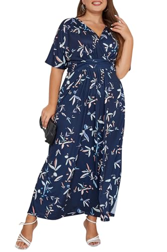 Keluummi Plus Size Wedding Guest Maxi Dress for Curvy Women, Summer Formal Floral Long Wrap Cocktail Dress with 3/4 Sleeve(16 Plus, 01 - Navy Blue Floral)