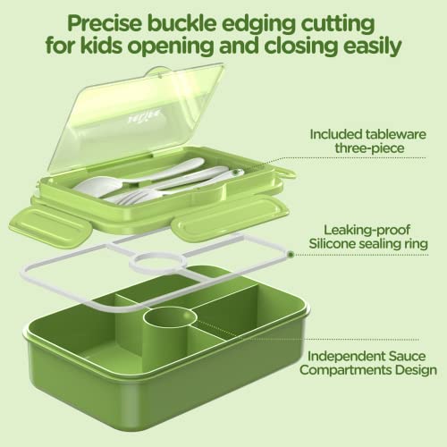 Jelife Bento Box Kids Lunch Box - Large Bento-Style Leakproof with 4 Compartments Food Storage Container with Tableware for Kids Back to School, Reusable On-the-Go Meal and Snack Packing, Green