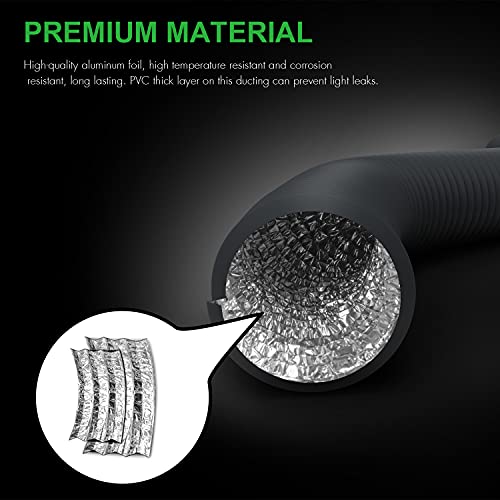 iPower Flexible 8 Inch 25 Feet Aluminum Ducting 4 Layer Protection Dryer Vent Hose for HVAC Heating Cooling Ventilation and Exhaust, 2 Clamps Included, Black