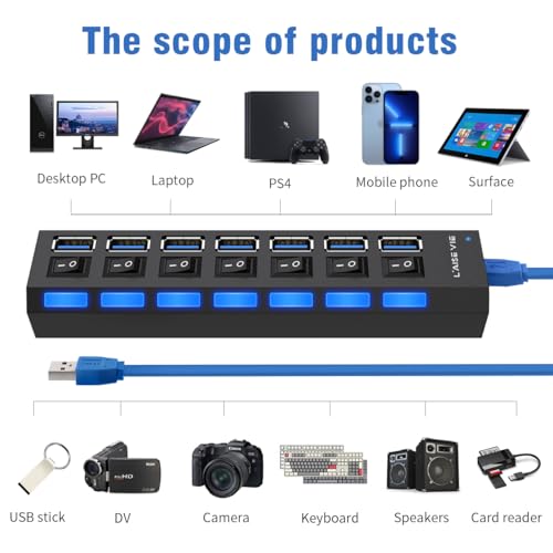 USB 3.0 Hub, 7 Ports USB Splitter USB A Port Data Hub with Independent On/Off Switch and LED Indicators, Lights for Laptop, PC, Computer, Mobile HDD, Flash Drive and More