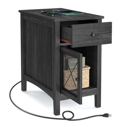 VASAGLE Side Table with Storage, End Table with USB Ports and Outlets, Nightstand with Charging Station, Drawer, Storage Cabinet, Magazine Rack, for Living Room, Bedroom, Charcoal Gray ULET312T22