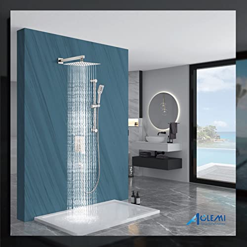 Aolemi Brushed Nickel Shower System 10 Inch Wall Mount Rainfall Shower Head with Slid Bar 3 Functions ABS Handheld Spray Rough-in Valve and Shower Trim Included Bathroom Shower Faucet Mixer