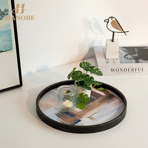 Hanobe Decorative Tray for Coffee Table: Round Home Decor 12 Inch Modern Wood Centerpiece for Living Room Ottoman Kitchen Counter Black