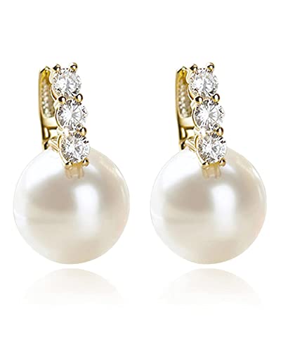 Pearl Earrings for Women 14K Gold Plated Hypoallergenic Pearl Earrings 5A Cubic Zirconia Dangle Earrings Elegant Jewelry (5-Gold)