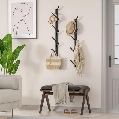TIOPGHAD 2-Pack Wood-Wall-Mounted-Coat-Hooks, Bamboo Vertical Coats Rack Holder Hanger with 8 Hooks Entryway Hanging Wooden Racks for Hanging Jacket Coat Hat in Entryway Office Bathroom(Black)