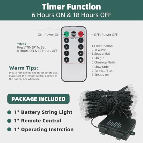 Tcamp 105FT 300 LED Battery Operated Christmas Lights with Remote Timer Memory Function, 8 Modes Battery String Lights for Christmas Tree Bedroom Wreath, Warm White