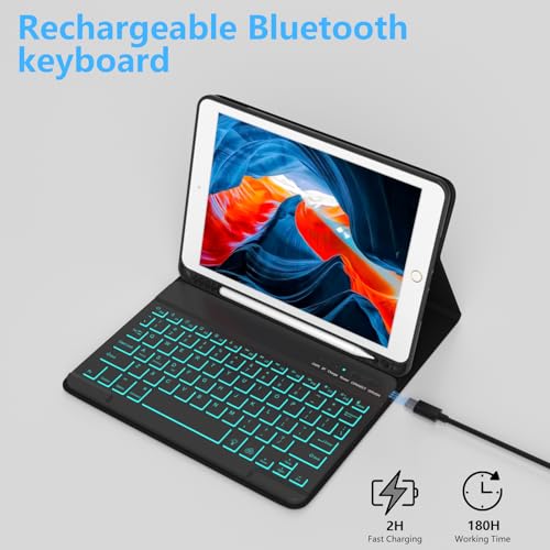 FUWANG Keyboard Case for iPad 9th Generation 10.2 inch 2021 - Detachable 7 Colors Backlit Stand Folio Keyboard Cover for iPad 8th Gen/7th Gen/iPad Pro 10.5"/iPad Air 3rd Gen, with Pencil Holder