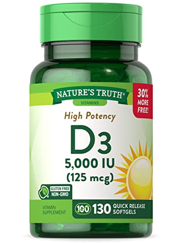 Nature's Truth Vitamin D3 5000 IU Softgels 130 Count | High Potency Vitamin D | Non-GMO, Gluten Free