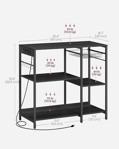 VASAGLE Baker's Rack, Coffee Bar Stand with Charging Station, Storage Shelves, Pull-Out Wire Basket, Table for Microwave, Kitchen, Charcoal Gray UKKS036B22, 15.7 x 35.4 x 35.6 Inches