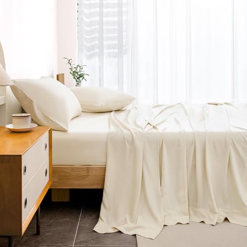 Andency White Sheets Queen Set, 100% Viscose Derived from Bamboo, Cooling Summer Queen Sheet Set, Deep Pocket Up to 16", Silky Soft Bed Sheets, Hotel Luxury Breathable Bedding Sheets & Pillowcases