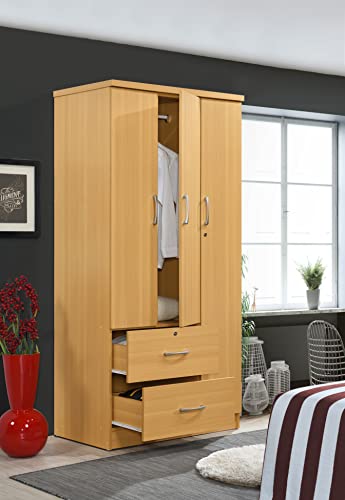 Hodedah 3-Door Armoire with 2-Drawers, 3-Shelves in Beech