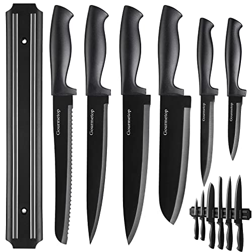 Gourmetop Kitchen Knife Set with No Drilling Magnetic Strip, Knives Set for Kitchen Black Cooking Knives, Sharp Stainless Steel Chef Knife Set for Cutting Meat & Vegetable, Small Knife Set