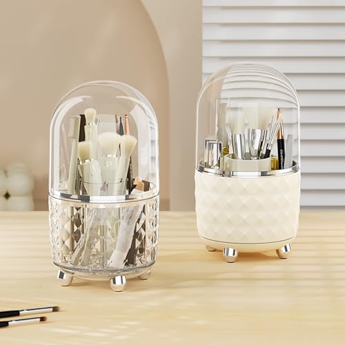 Booklov Makeup Brushes holder with Lid,Cosmetic Organizer,360° Rotating Desktop Makeup Tools Holder with Lid,Dustproof Lipstick Organiser,Storage Stand for Cosmetic(Cream with Lid,M)