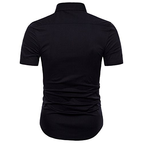 LOCALMODE Men's Regular Fit Cotton Business Casual Shirt Solid Short Sleeve Button Down Dress Shirts (Medium, Black Plaid)