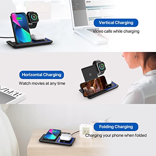 Wireless Charger, 3 in 1 Wireless Charging Station, Fast Wireless Charger Stand for iPhone 15 14 13 12 11 Pro Max XR XS 8 Plus, for Apple Watch 8 7 6 5 4 3 2 SE,for AirPods Pro 3 2 (Black)