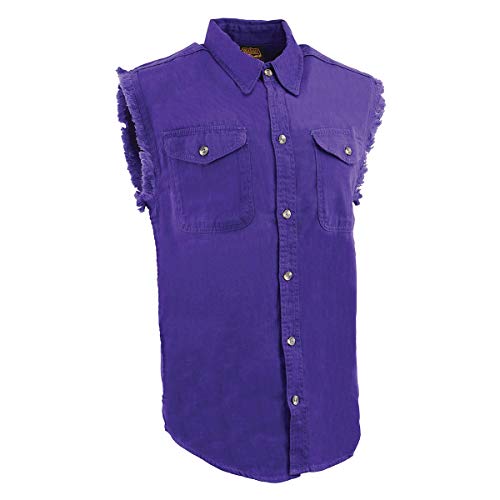 Milwaukee Leather DM1006 Men's Purple Lightweight Denim Shirt with with Frayed Cut Off Sleeveless Look - Small