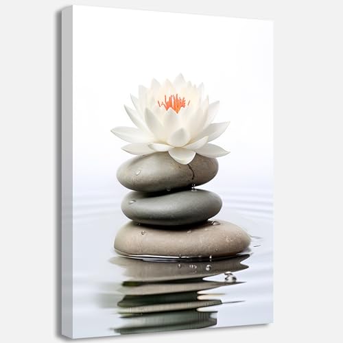 QIXIANG White Lotus Flower Canvas Wall Art Zen Stone Lotus Reflected on the Water Picture Prints for Serene Home Zen Enthusiasts Home Framed(Lotus-A,12.00" x 18.00")