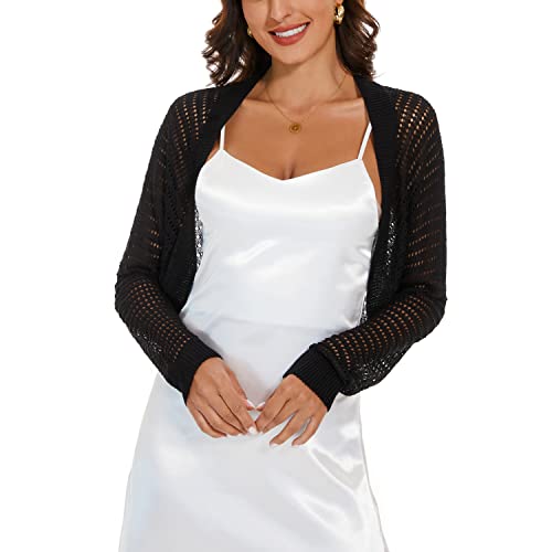 XUNZRLN Women's Long Sleeve Tie Open Front Bolero Shrug Lightweight Knit Hollow Out Cropped Cardigan